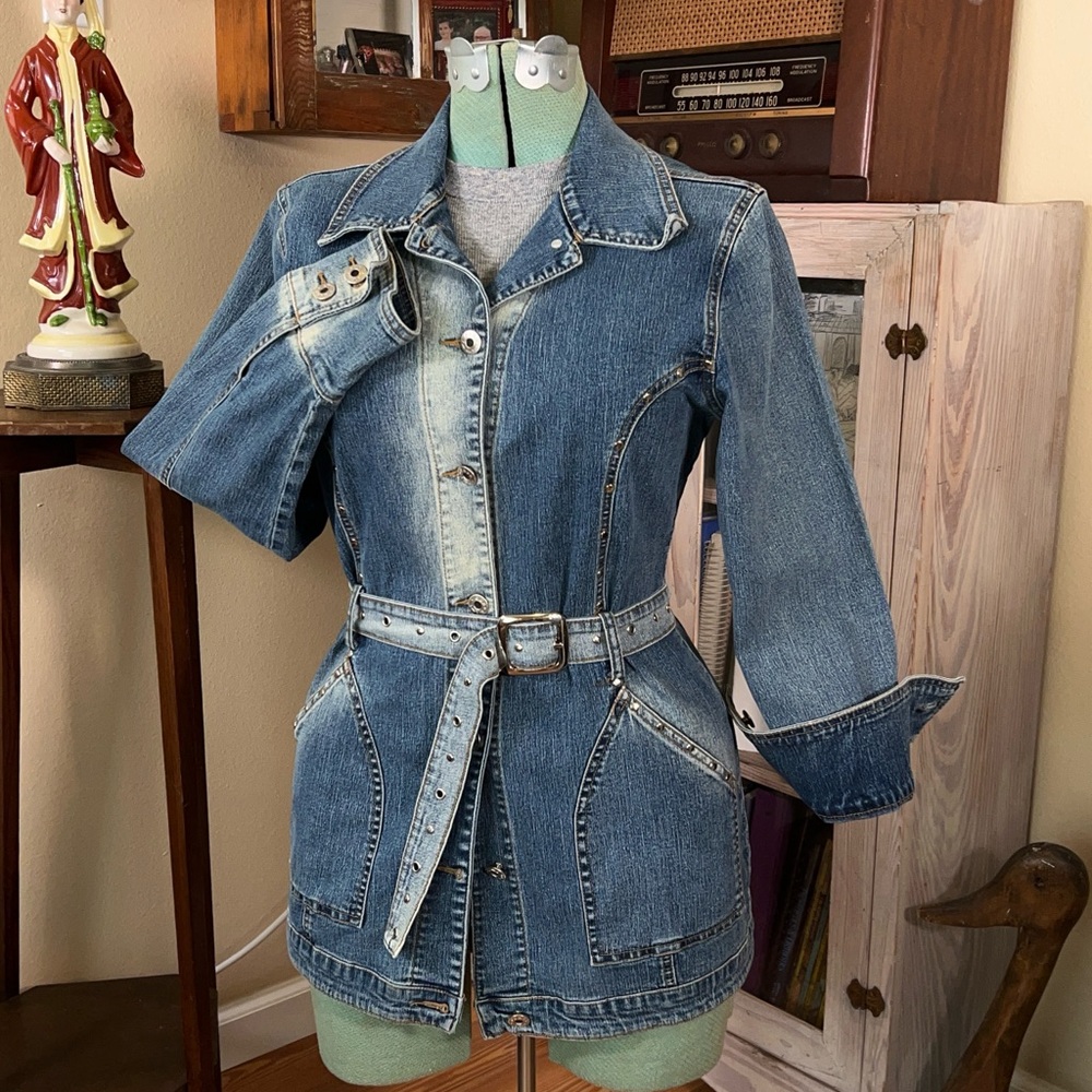Vintage Y2K Studded Faded Denim Jean Jacket Grommet Belt